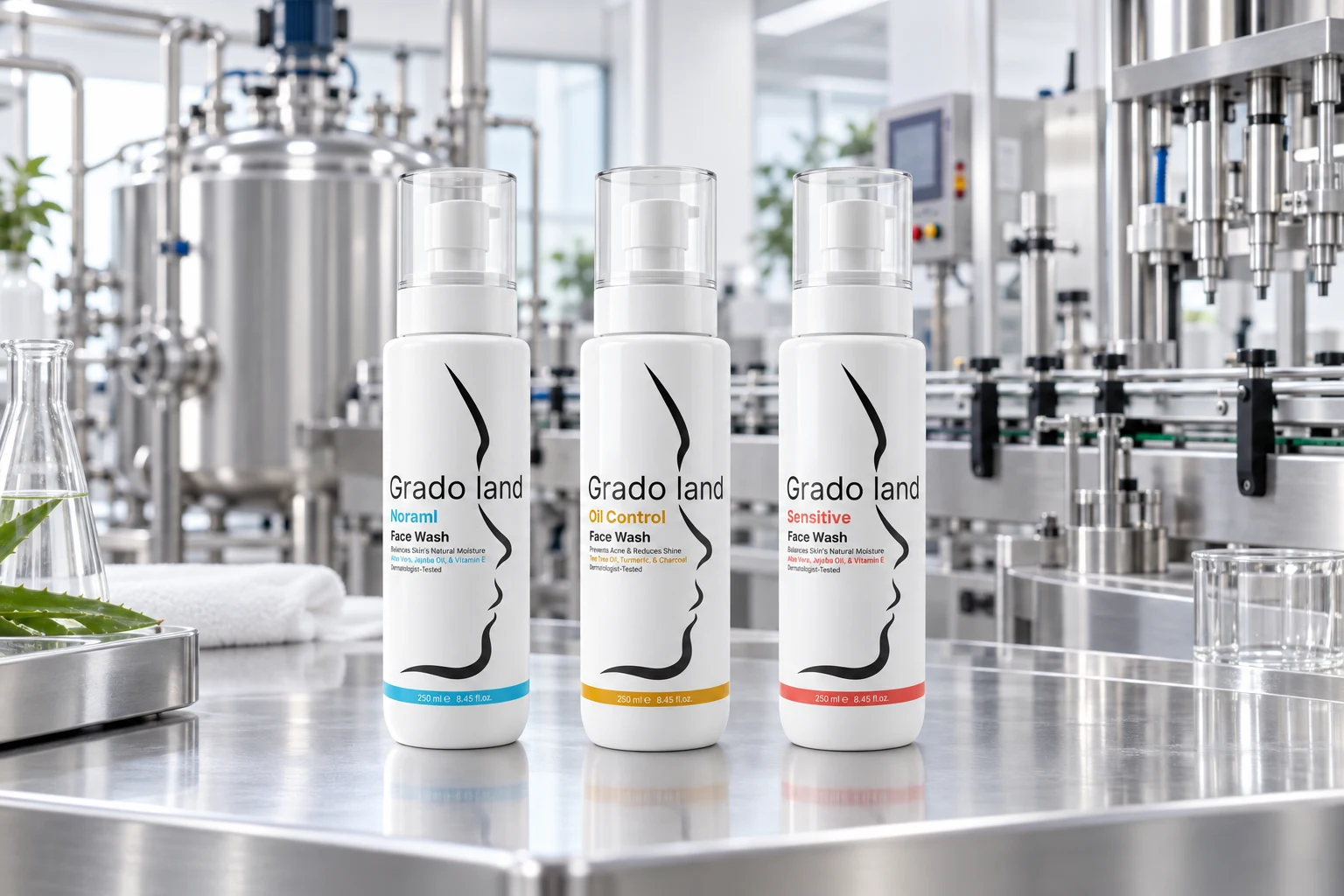Gradoland face washes in a modern cosmetic production environment